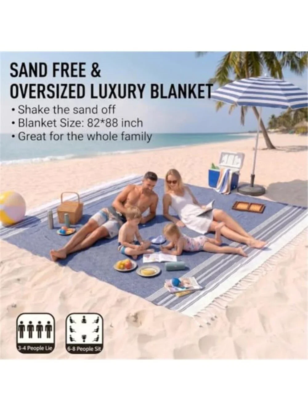 Oversized Turkish Beach Towel Blanket Sand Free Quick Dry Cotton 82 X 88 Blue